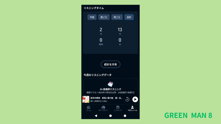 Audibleの累計リスニング時間1600h_アプリ画面の写真